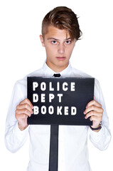 Man, mugshot and jail for crime, portrait and police department sign on isolated transparent png background. Young criminal, alone and youth with face, trouble and prison if guilty, rebel and cool