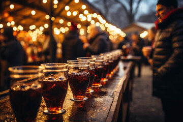 Fototapeta na wymiar People drinking mulled wine at a Christmas market (AI Generated) 