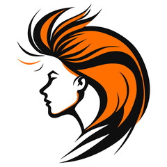 Silhouette of a girl with fiery hair, isolated on a white background. Vector illustration. Side view.