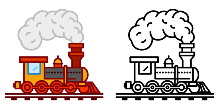 Steam powered train with a prominent smokestack releasing steam, colored and black and white line artwork vector illustration, vintage charcoal train stock vector image