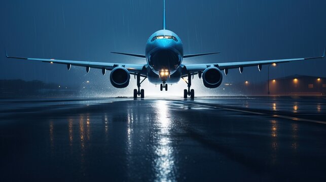Airplane landing in the airport at night