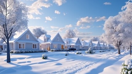 Row of the snowbound houses, homes with the sidewalk on empty street in cold, chilly and frosty...