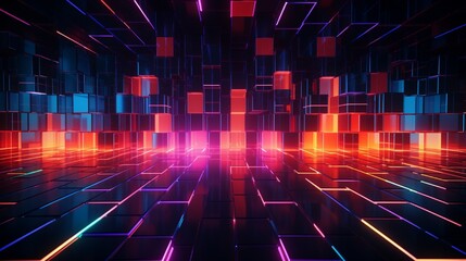 A sea of glowing neon grids suspended in a dark void.