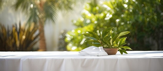 A tablecloth in a bright shade of white decorates an outdoor table