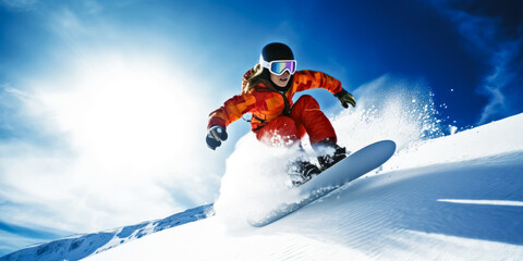 Young woman snowboarding fast with motion blur.