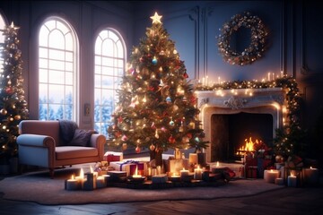 Fototapeta na wymiar christmas tree in front of the fireplace