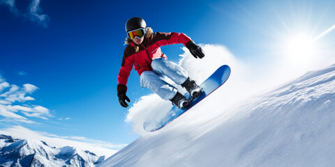 Fototapeta na wymiar Young, cute woman snowboarding fast with motion blur effect.
