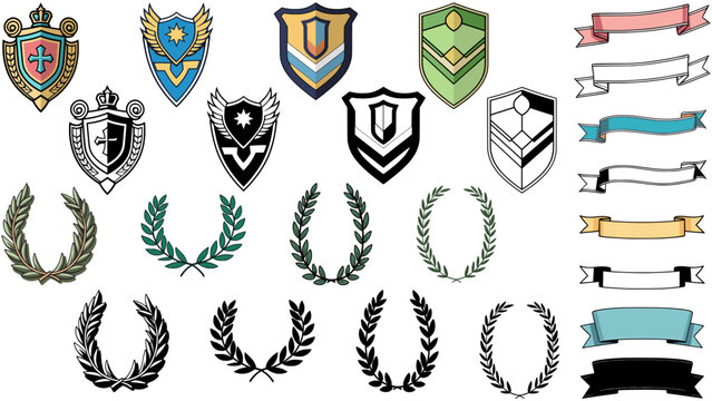 Vector set of heraldic including 24 shields, wreaths and ribbons