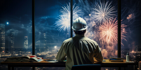Engineer in hardhat admiring fireworks from office window. - obrazy, fototapety, plakaty
