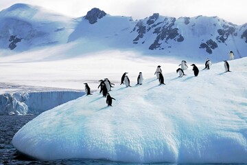 Antarctica chinstrap penguins standing on the icy snow-covered terrain