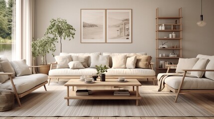 Scandinavian interior design living room  with beige colored furniture and wooden elements 8k,