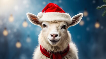 Illustration of a happy cute white sheep wearing a red Santa Claus hat and scarf posing on a winter  snowy background. Xmas 2023. Conceptual digital painting illustration. Generative AI