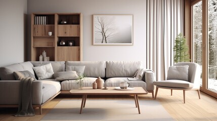 Fototapeta na wymiar Scandinavian interior design living room with gray colored furniture and wooden elements 8k,