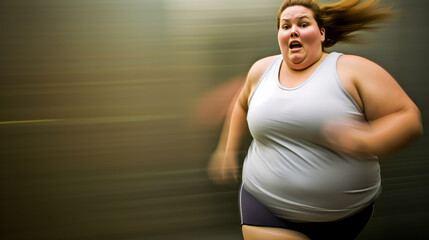 Obese woman running alone with speed and motion blur effect.