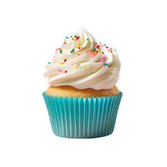 White Vanilla Cupcake and Icing with colorful sprinkles on top, birthday cupcake, Isolated on Transparent Background PNG - obrazy, fototapety, plakaty