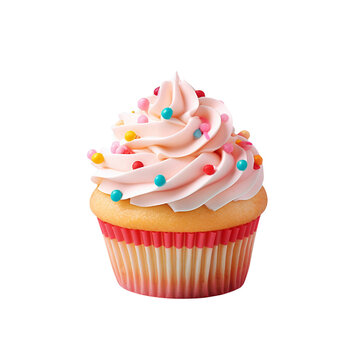 White Vanilla Cupcake and light pink Icing frosting, colorful sprinkles on top, birthday cupcake, Isolated on Transparent Background PNG