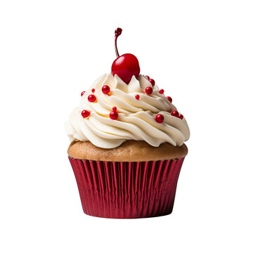 White Vanilla Cupcake and Icing frosting, red sprinkles and cherry on top, birthday cupcake, Isolated on Transparent Background PNG