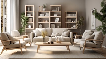 Scandinavian interior design living room with gray and beige colored furniture and wooden elements...
