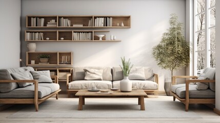 Scandinavian interior design living room with gray and brown colored furniture and wooden elements 8k,
