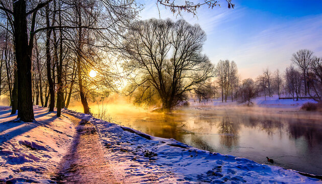 Winter landscape with trees in a park near the river in the morning during sunrise