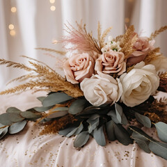 Beautiful Blush Pink Winter Boho Floral Bouquet with Fabric Backdrop and Twinkling Lights Background Image