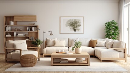 Fototapeta na wymiar Scandinavian interior design living room with beige colored furniture and wooden elements 8k,