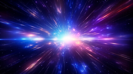 Fototapeta premium A neon glow of abstract colors illuminating the backdrop, depicting a cosmic explosion and the rapid motion of light within a galaxy. Generative AI