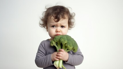 Sad kid dislike vegetables. Funny little boy doesn't want eat green broccoli. Cute child reject healthy food and hate vitamins. Unhappy childhood concept. Upset children kindergarten. White background - obrazy, fototapety, plakaty