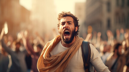 An Arab Muslim male activist passionately vocalizing his mission in a crowd at a protest demonstration. Generative AI