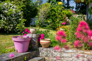 Fototapeta na wymiar Aménagement d'un joli jardin paysagé au pied d'une maison en pierre.