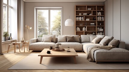 Scandinavian interior design living room with gray and brown colored furniture and wooden elements 8k,