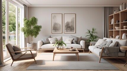 Scandinavian interior design living room with gray and beige colored furniture and wooden elements 8k,