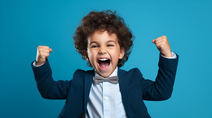 Little CEO in Action: Exuberant Celebration of Success with Cheerful Screams and Fist Pumps on an Isolated Blue Background - High-Quality Stock Photography - obrazy, fototapety, plakaty