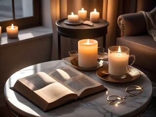 Fototapeta na wymiar Cup of tea with paper open book and burning scented candles on marble table over cozy chair and glowing lights in bedroom closeup. Generative AI
