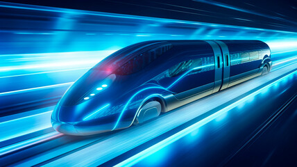 the concept of fast transportation and autonomy, featuring a futuristic bullet train or ultrasonic train capsule. Generative AI