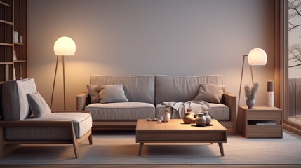 Scandinavian style and minimalist designed living room interior scene in the evening. ( 3d render ) 8k,