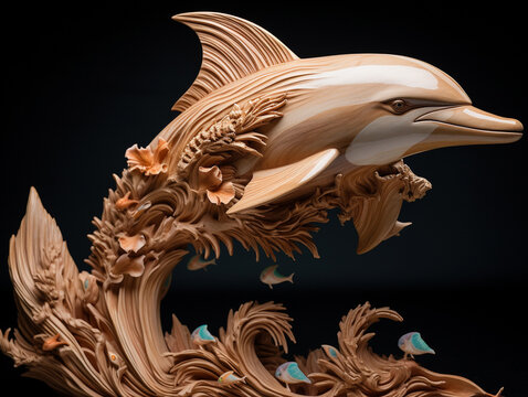 A Detailed Wood Carving of a Dolphin