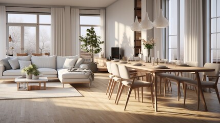 Scandinavian style living and dining room. 8k,