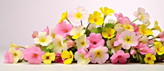 A primrose of the spring blooms within a bouquet against a backdrop of flowers