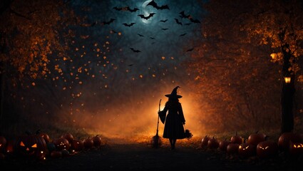 AI generated illustration of a witch walking among pumpkins and flying bats at night of Halloween - obrazy, fototapety, plakaty