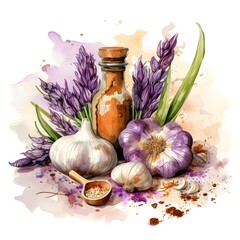 Watercolor illustration. Kitchen spices. Garlic isolated on white.