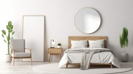 Scandinavian style white room interior with round mirror on the wall, wooden bed with pillows and blanket, cabinet and armchair. Real photo. 8k,
