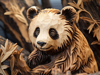 A Detailed Wood Carving of a Panda