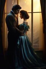 Couple in love. - Retro, vintage, regency, Victorian, aged, fantasy. Fantasy couple illustration.  - obrazy, fototapety, plakaty