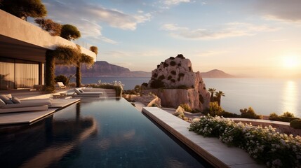 Secluded villa infinity pool at sunset island of Majorca, Spain 8k,
