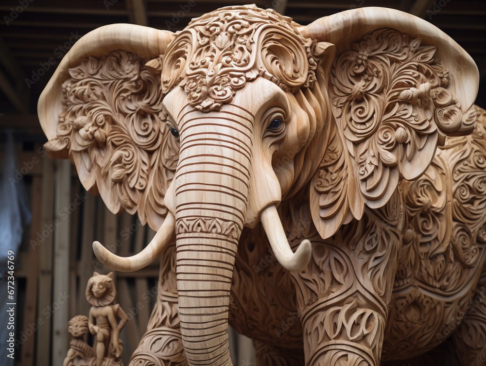 Poster a detailed wood carving of an elephant