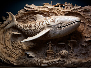 A Detailed Wood Carving of a Whale