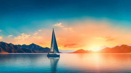 A sailing boat cruising in the open waters, with an island nearby and distant mountains visible on the horizon, during the tranquil moments of a sunset. Generative AI - obrazy, fototapety, plakaty