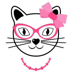 Illustration of a cute cat with glasses and a pink bow on a white background