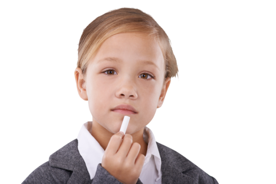 Education, learning and portrait of girl child with chalk for idea development on isolated, transparent or png background. Back to school, learning and face of kid student with creative thinking